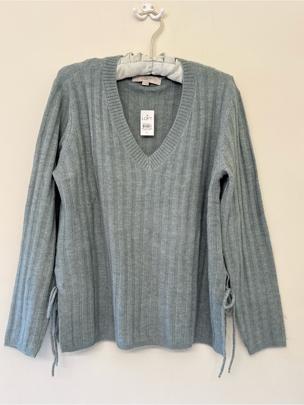 LOFT Ribbed V-Neck Sweater in Sage Green